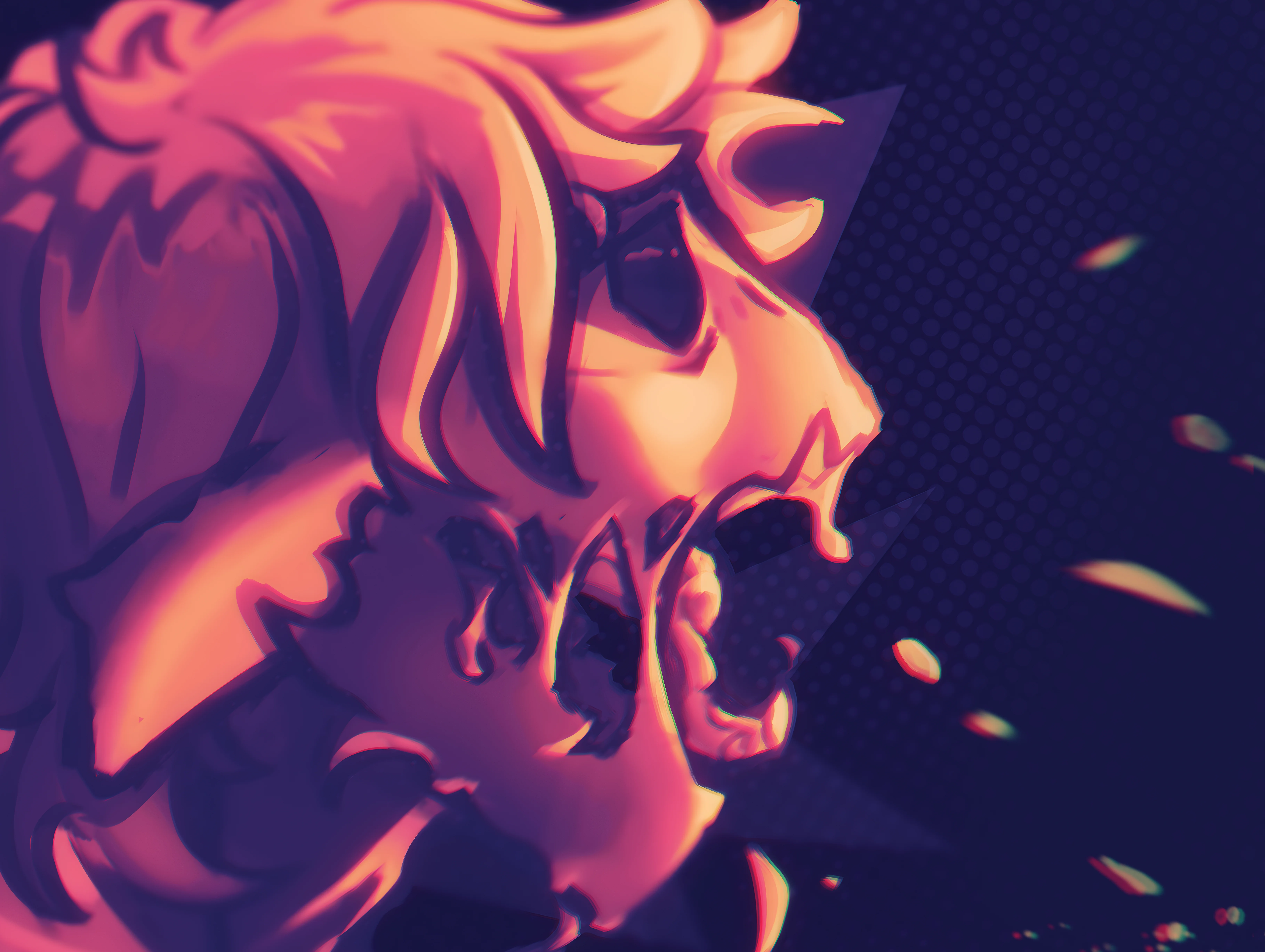 Illustrated skull in neon pink and purple hues with dynamic lighting, appearing to shout. Background features a dark-tone grid pattern. Energetic and intense mood.